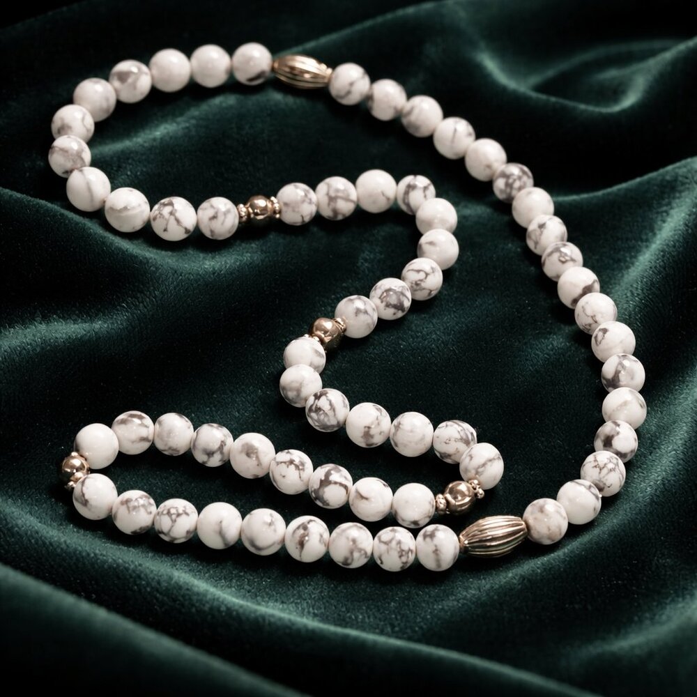 White and Gray‎ Howlite Beaded Necklace with Silver Spacers - New - Hand Crafted
